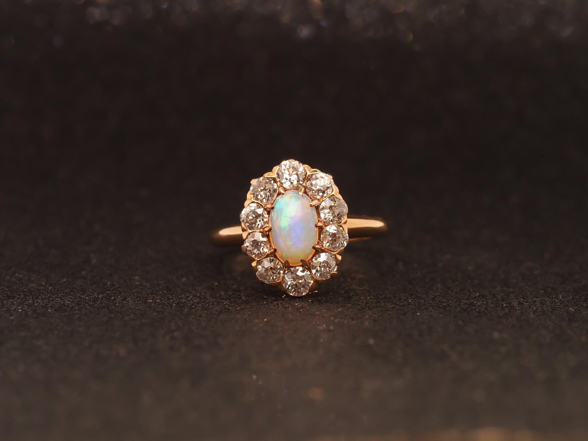 Estate 14K Gold Natural Opal & 1.50 CTW Old Mine Diamond Halo Ring - VHK#477B