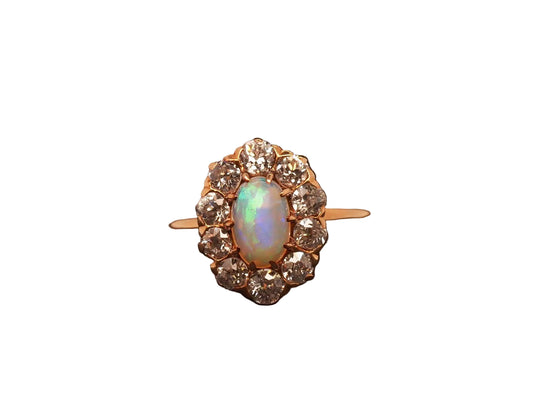 Estate 14K Gold Natural Opal & 1.50 CTW Old Mine Diamond Halo Ring - VHK#477B