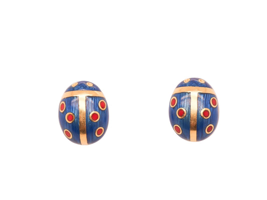 Estate Vintage 18K Yellow Gold Enamel Lady Bug Earrings - VHK#557A