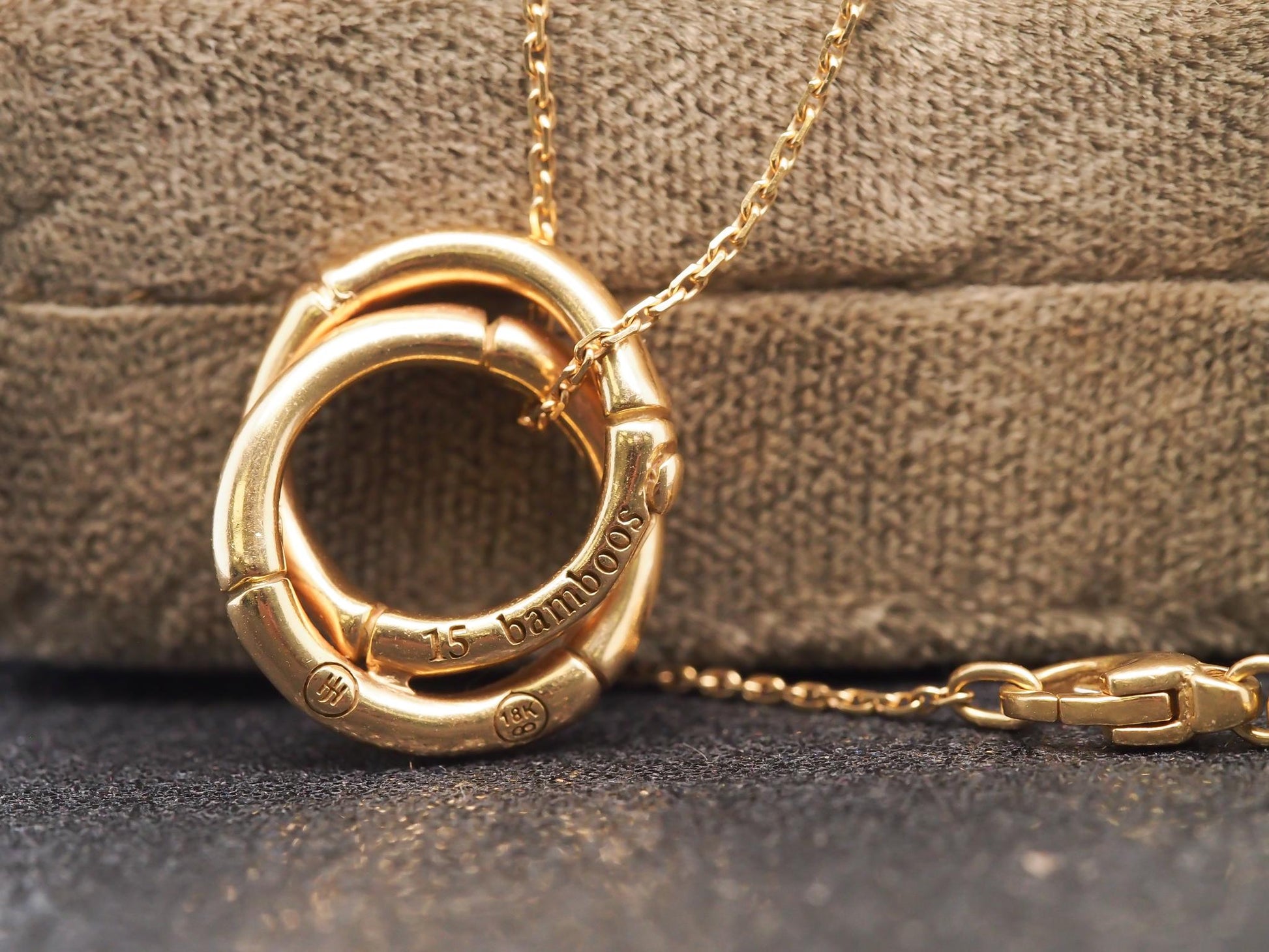 Estate John Hardy 18K Yellow Gold Bamboo Pave Diamond Interlocking Pendant