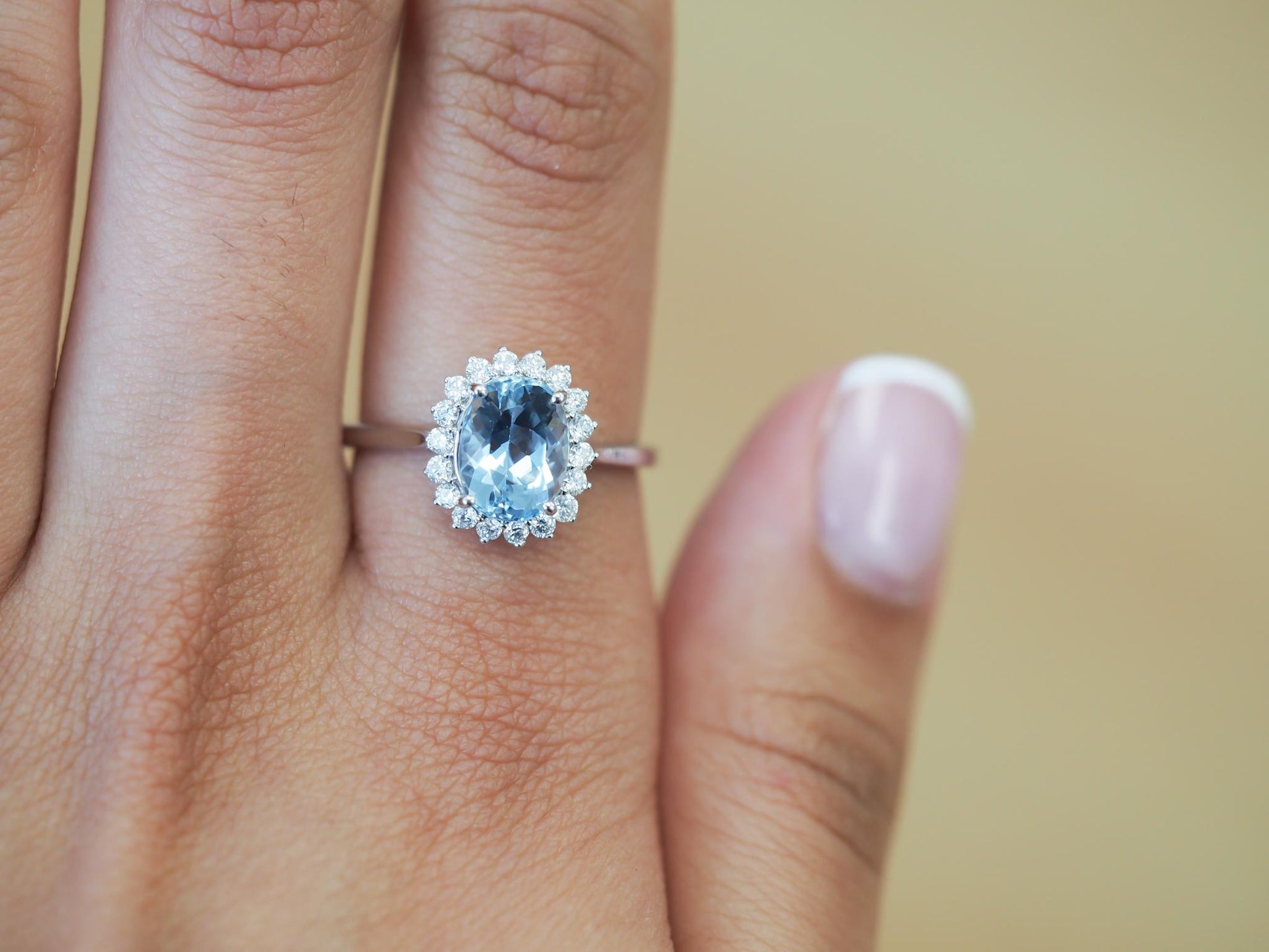 Estate 18K White Gold Aquamarine Diamond Halo Ring - VHK#289A