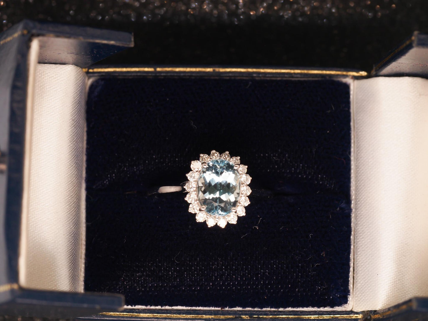 Estate 18K White Gold Aquamarine Diamond Halo Ring - VHK#289A