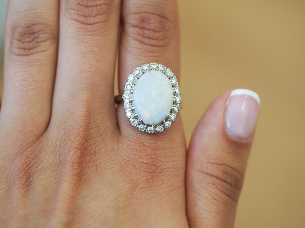 Estate Vintage 14K White Gold Opal and Diamond Ring - VHK#328b