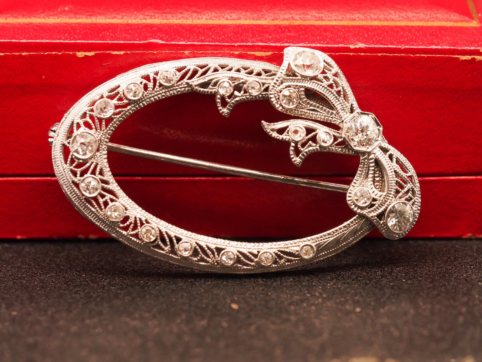 Estate Vintage 14K White Gold Old European Diamond Brooch - VHK#605A