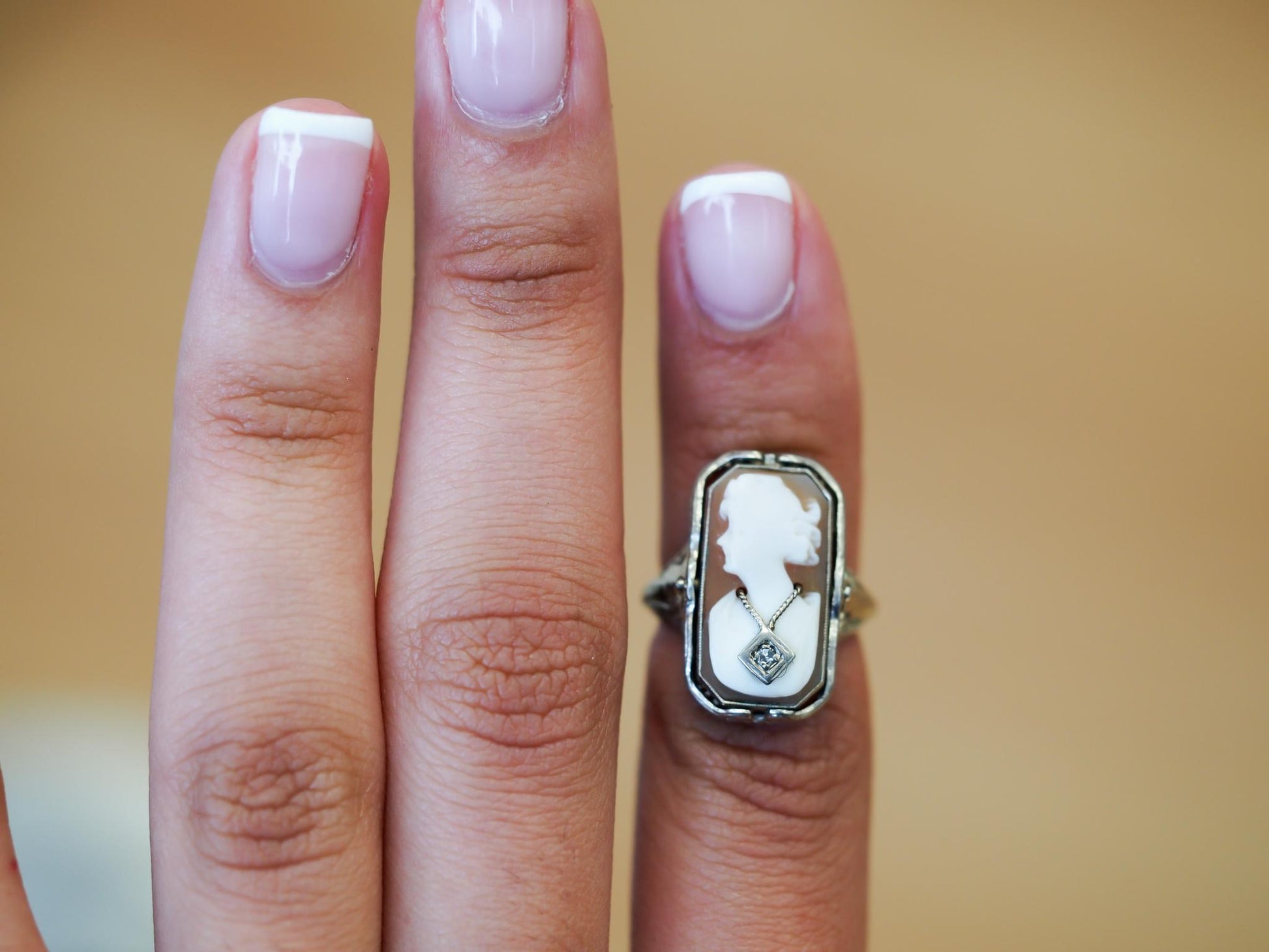 Estate 14K White Gold Cameo and Onyx Diamond Flip Ring - VHK#615A