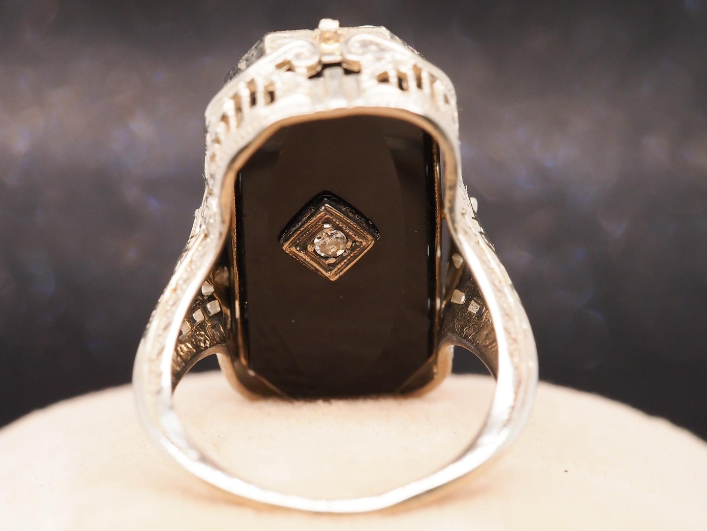 Estate 14K White Gold Cameo and Onyx Diamond Flip Ring - VHK#615A