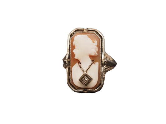 Estate 14K White Gold Cameo and Onyx Diamond Flip Ring - VHK#615A