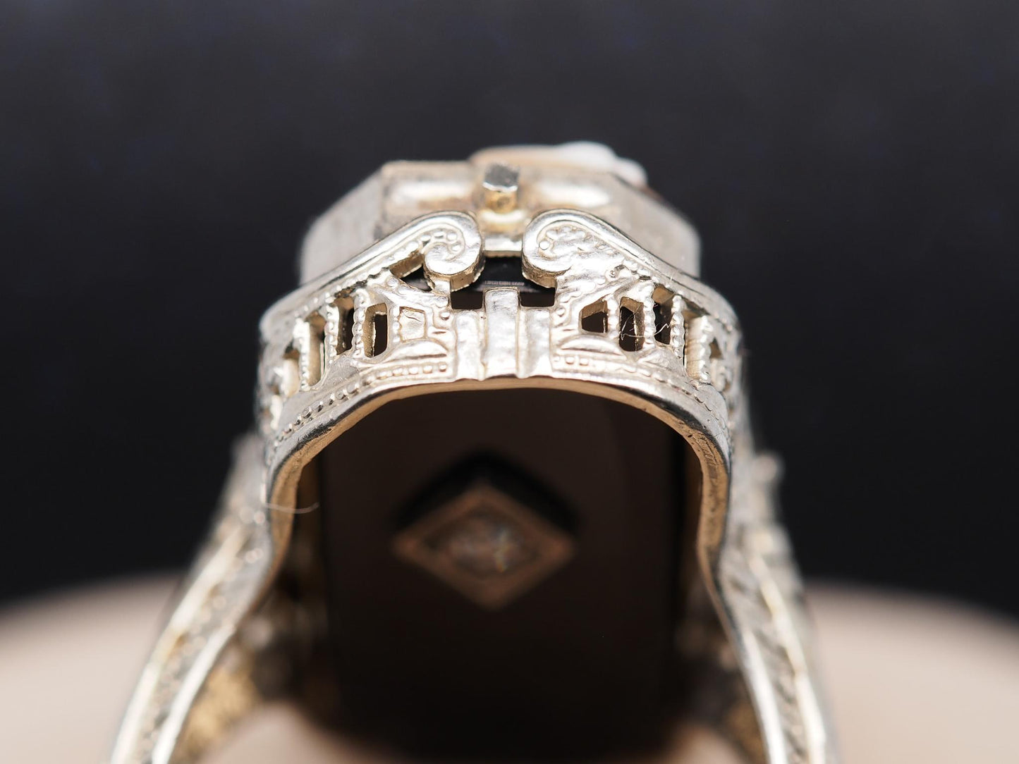 Estate 14K White Gold Cameo and Onyx Diamond Flip Ring - VHK#615A