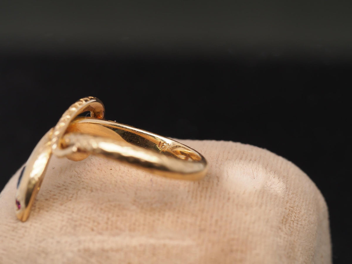 Estate Vintage 18K Yellow Gold Snake Ring with Ruby and Sapphire - VHK#640c