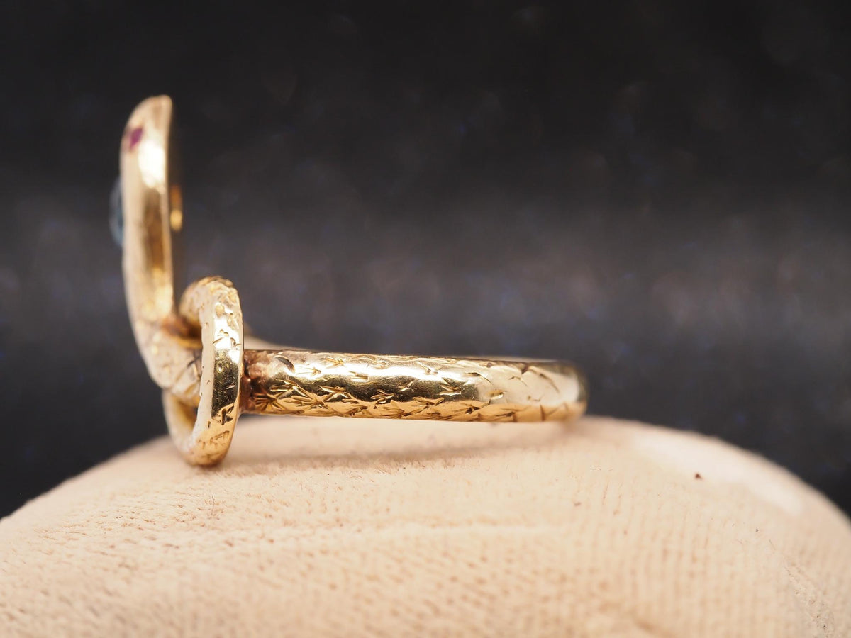 Estate Vintage 18K Yellow Gold Snake Ring with Ruby and Sapphire - VHK#640c