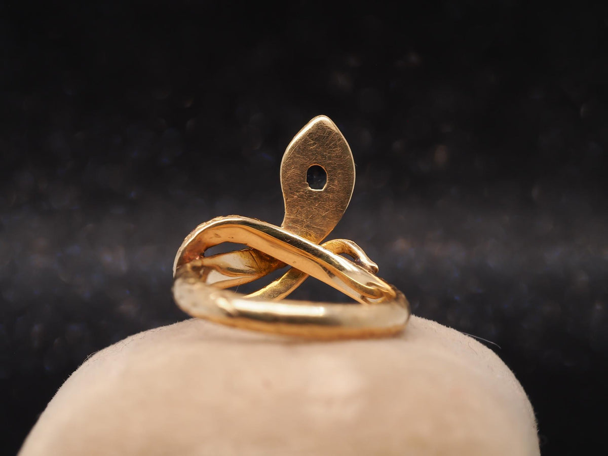 Estate Vintage 18K Yellow Gold Snake Ring with Ruby and Sapphire - VHK#640c