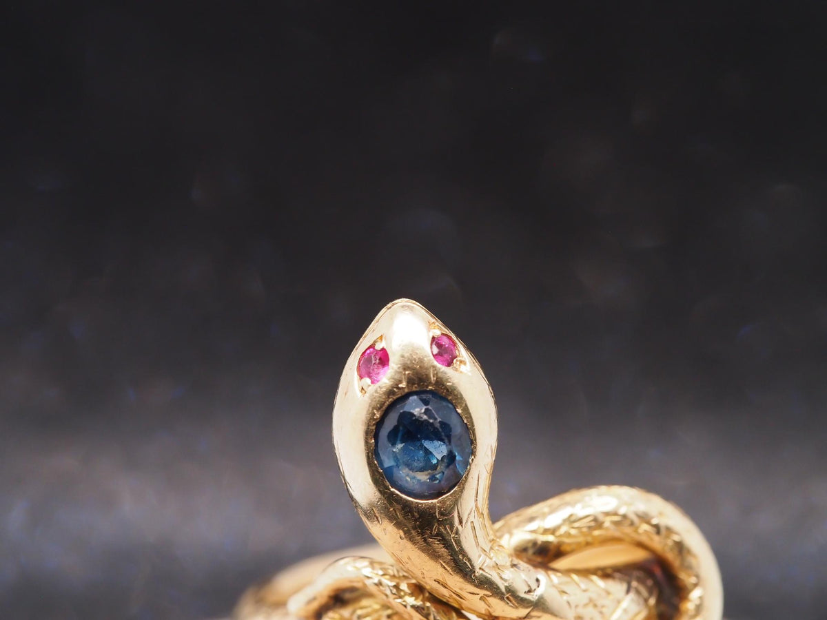 Estate Vintage 18K Yellow Gold Snake Ring with Ruby and Sapphire - VHK#640c