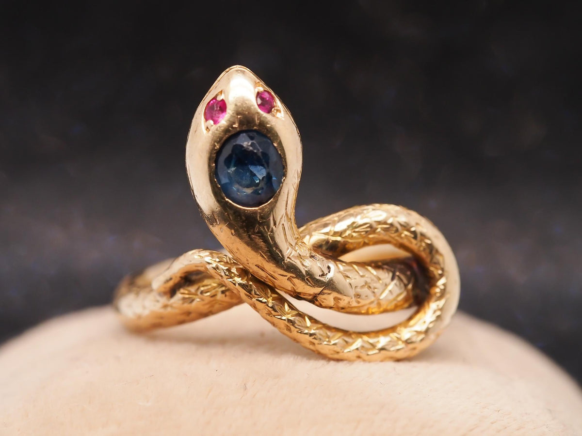Estate Vintage 18K Yellow Gold Snake Ring with Ruby and Sapphire - VHK#640c