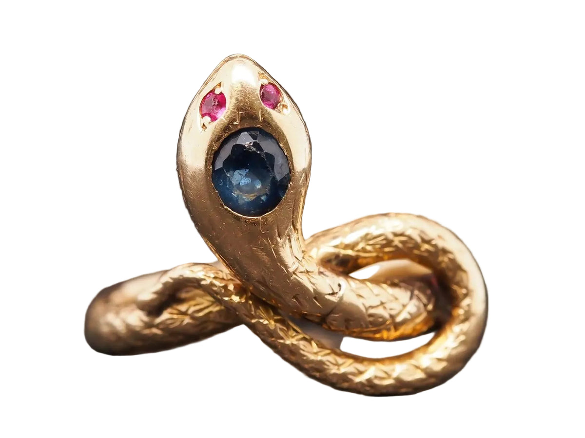 Estate Vintage 18K Yellow Gold Snake Ring with Ruby and Sapphire - VHK#640c