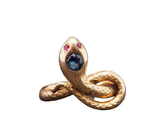 Estate Vintage 18K Yellow Gold Snake Ring with Ruby and Sapphire - VHK#640c