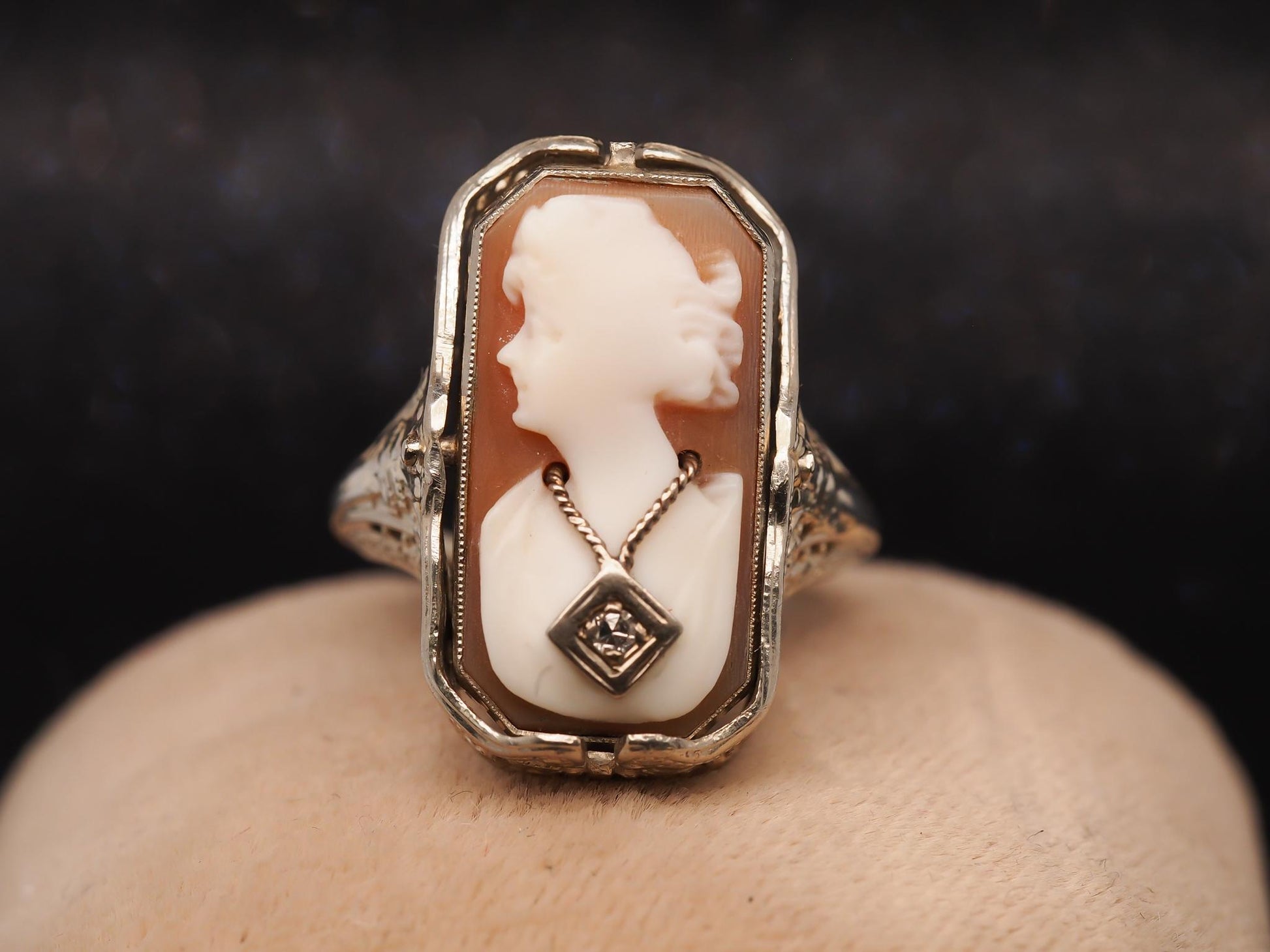 Estate 14K White Gold Cameo and Onyx Diamond Flip Ring - VHK#615A