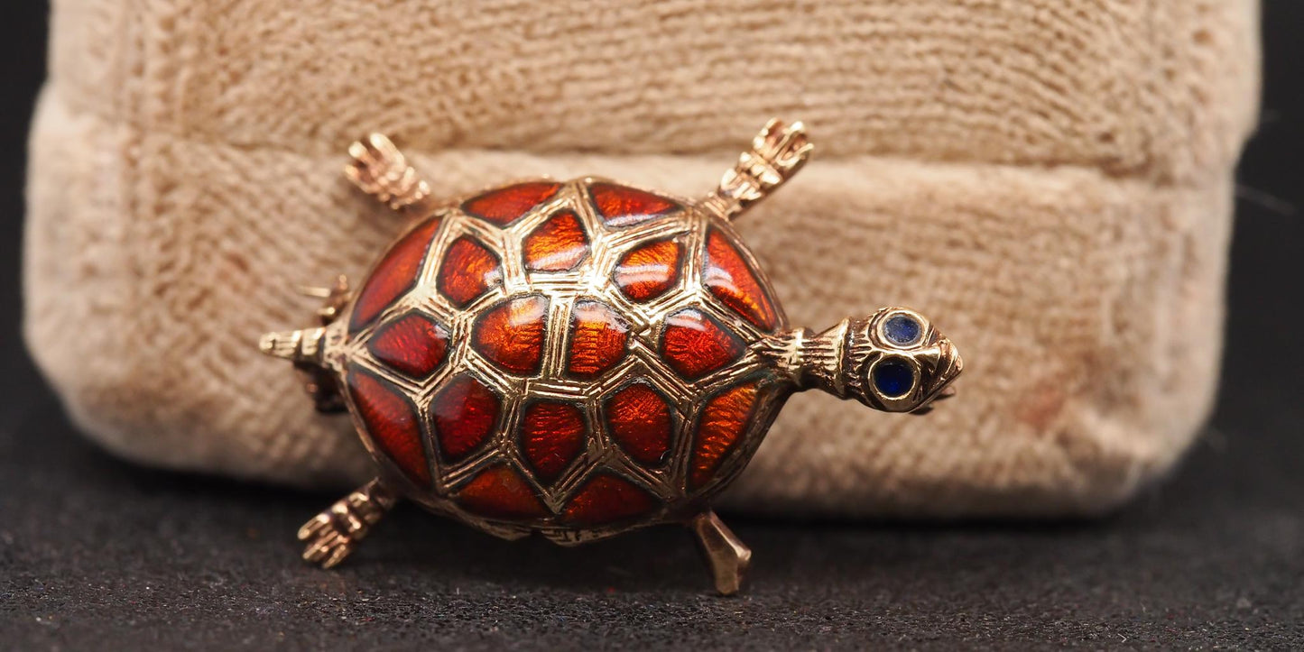 Estate 14K Yellow Gold Enamel Turtle Brooch Pin - VHK#675A