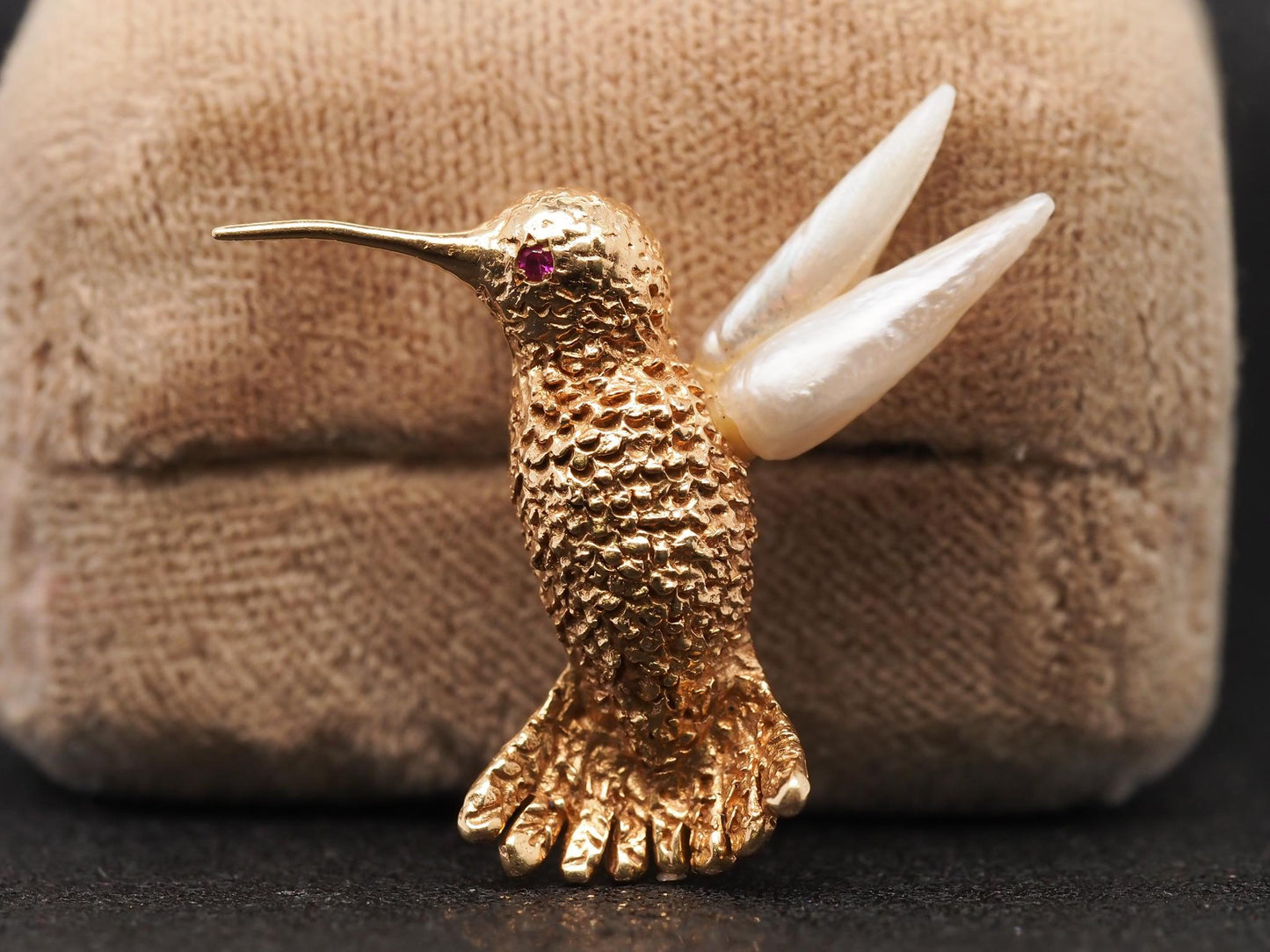 Estate Vintage 14K Yellow Gold Hummingbird Pearl and Ruby Brooch Pin - VHK#644A