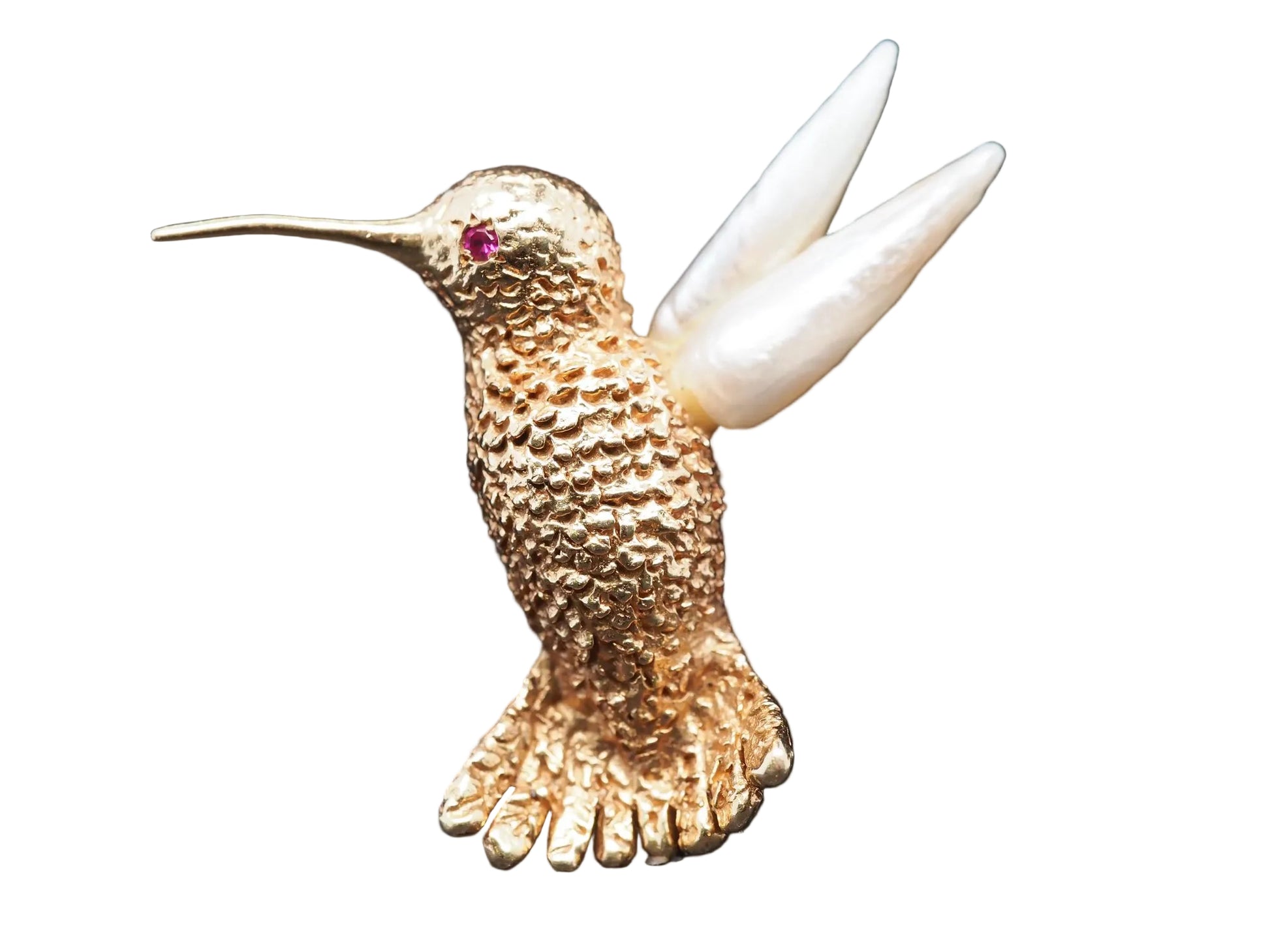 Estate Vintage 14K Yellow Gold Hummingbird Pearl and Ruby Brooch Pin - VHK#644A