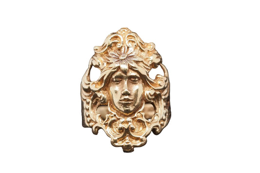 Estate 14K Yellow Gold Art Nouveau Lady Face Ring - VHK#731A