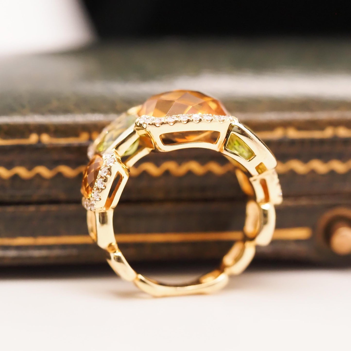 14K Yellow Gold Diamond, Citrine and Peridot Ring - VHK#665