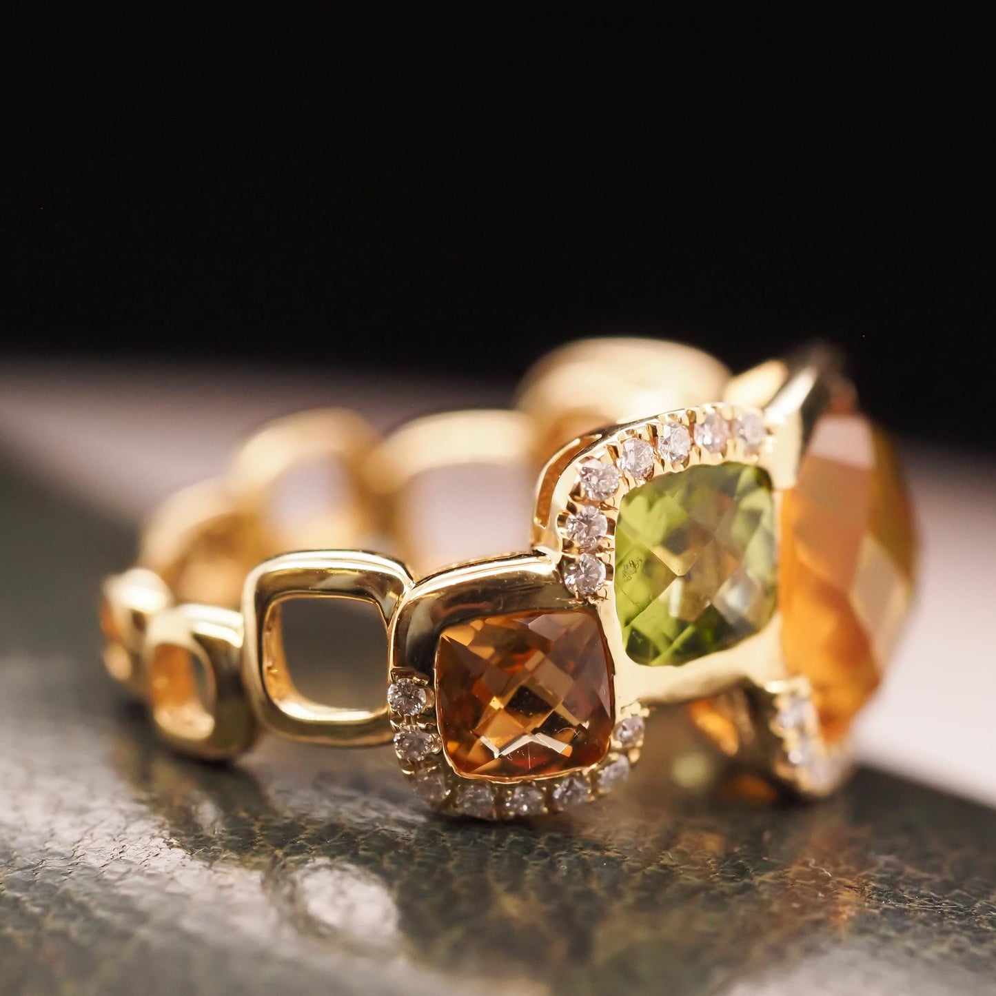 14K Yellow Gold Diamond, Citrine and Peridot Ring - VHK#665
