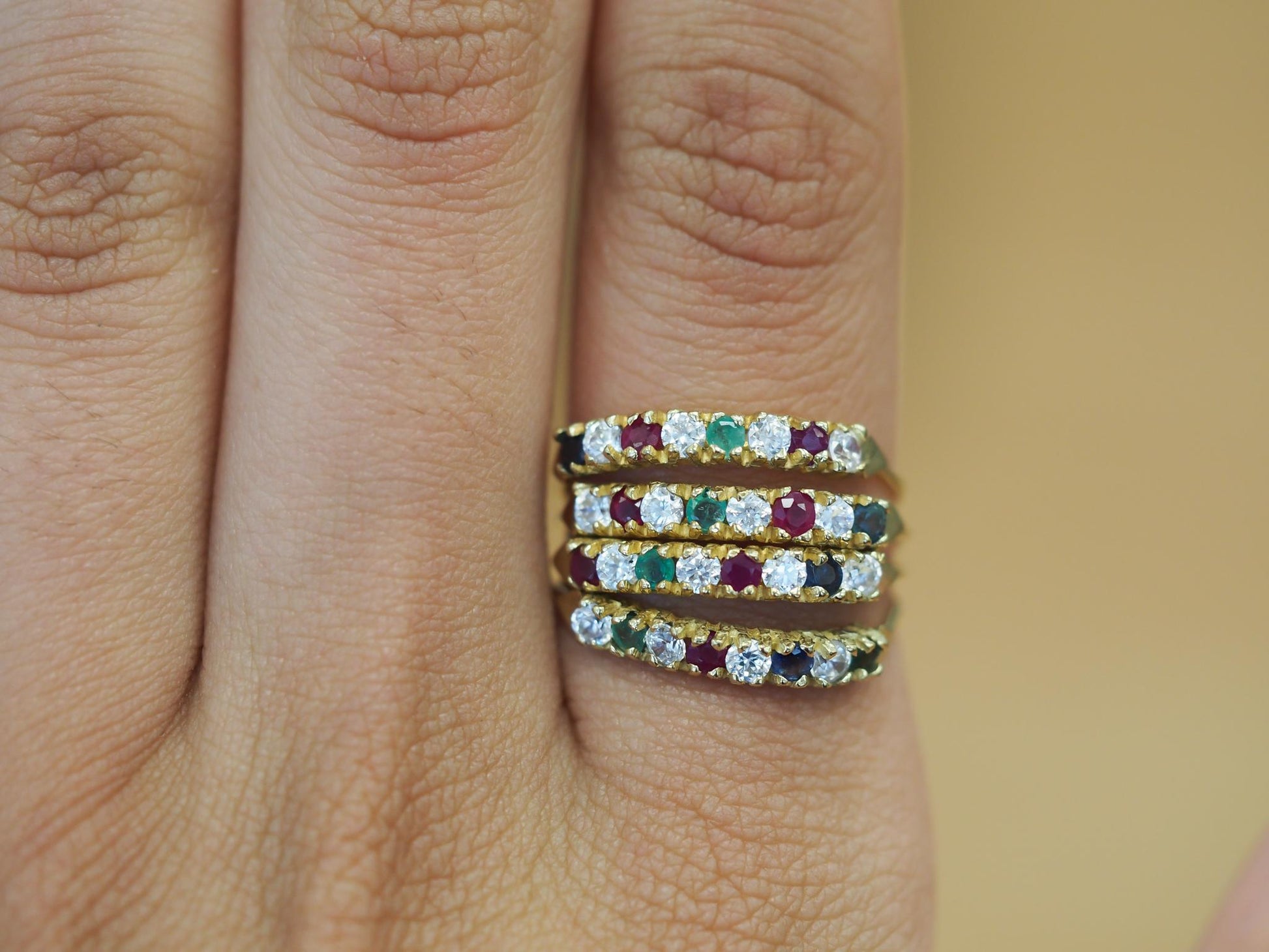 Estate Vintage 14K Yellow Gold Ruby, Sapphire, Emerald and Diamond Band