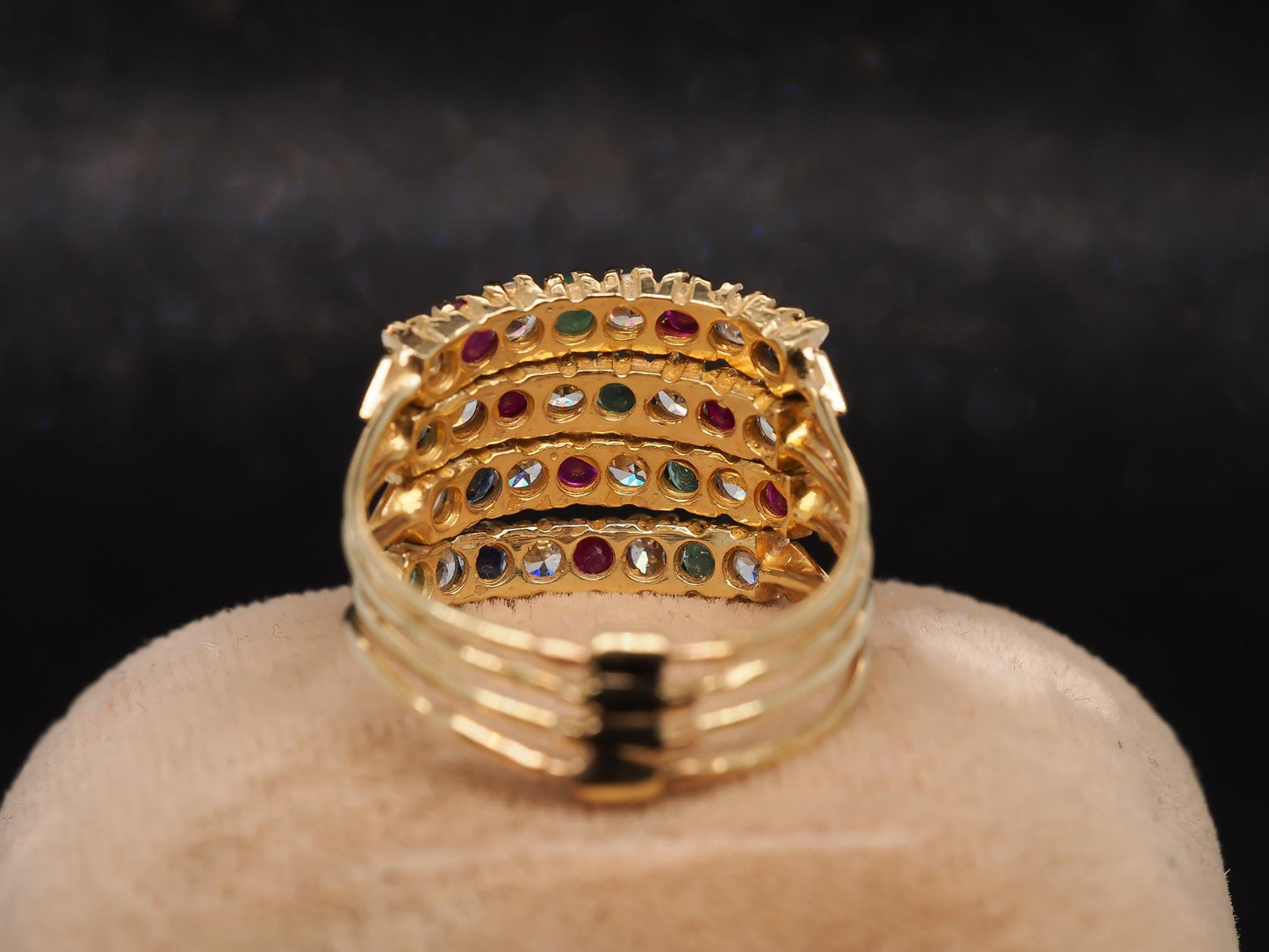 Estate Vintage 14K Yellow Gold Ruby, Sapphire, Emerald and Diamond Band