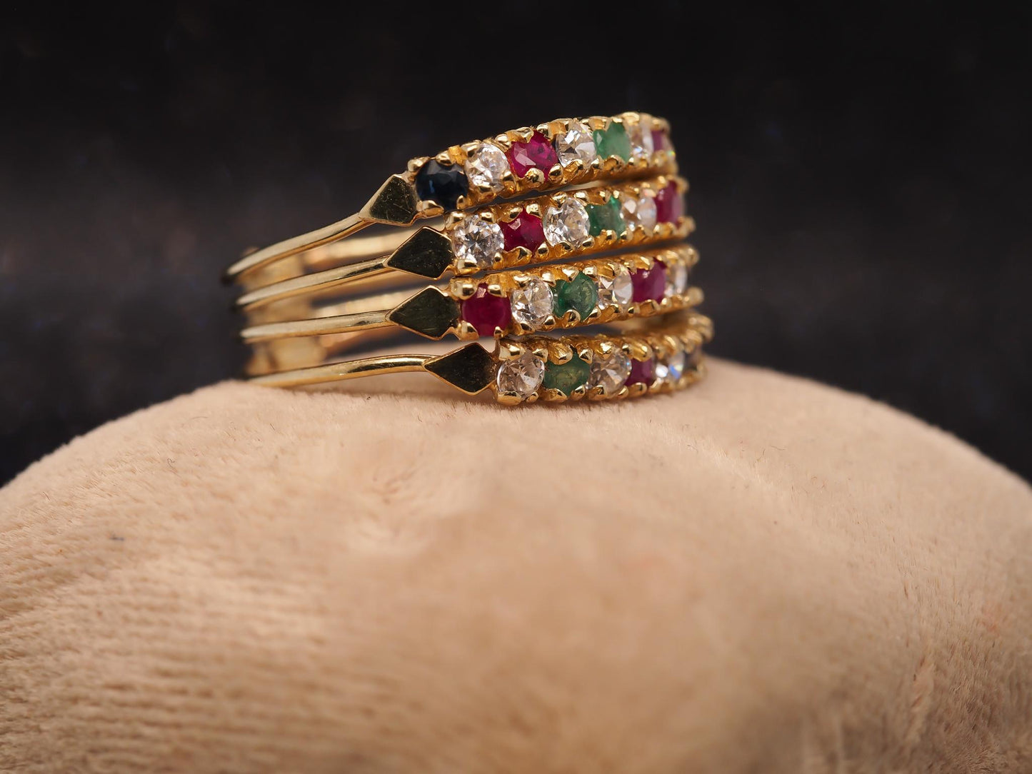 Estate Vintage 14K Yellow Gold Ruby, Sapphire, Emerald and Diamond Band