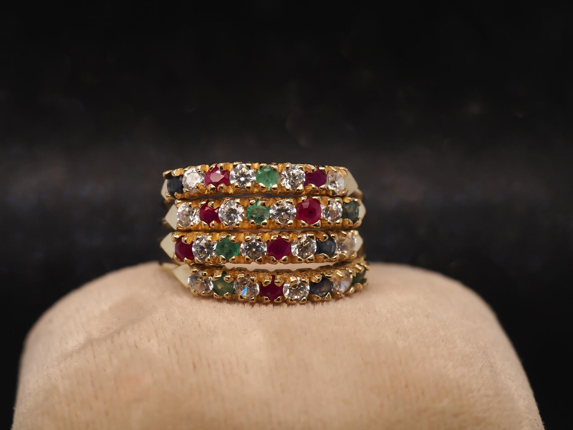 Estate Vintage 14K Yellow Gold Ruby, Sapphire, Emerald and Diamond Band