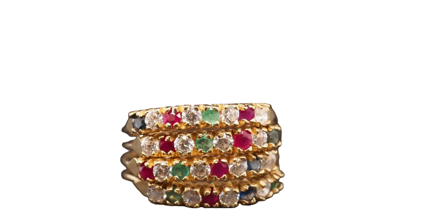 Estate Vintage 14K Yellow Gold Ruby, Sapphire, Emerald and Diamond Band