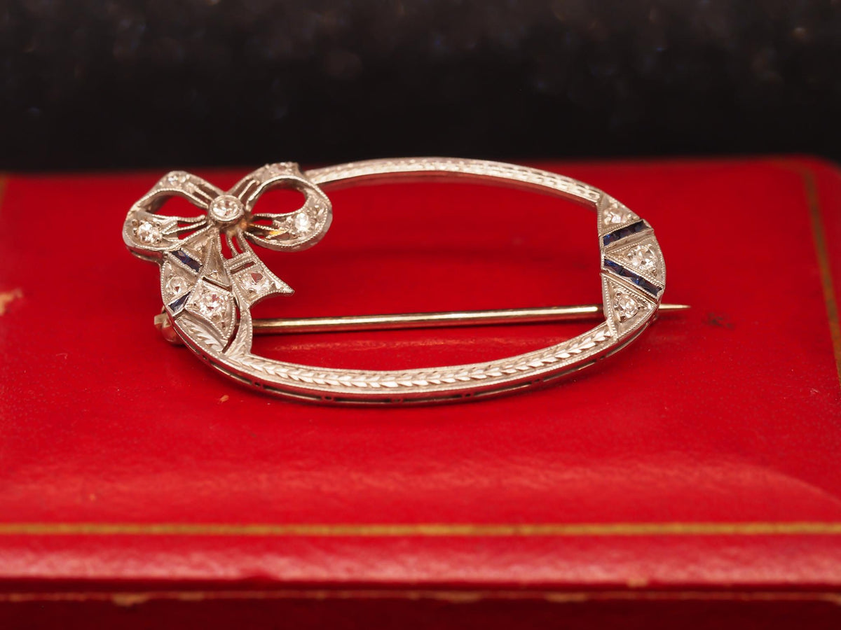 Estate Art Deco Ribbon Wreath Brooch with Sapphire and Diamond - VHK#863a