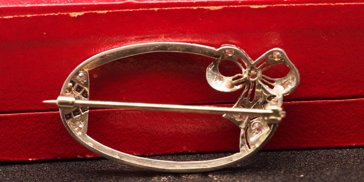 Estate Art Deco Ribbon Wreath Brooch with Sapphire and Diamond - VHK#863a