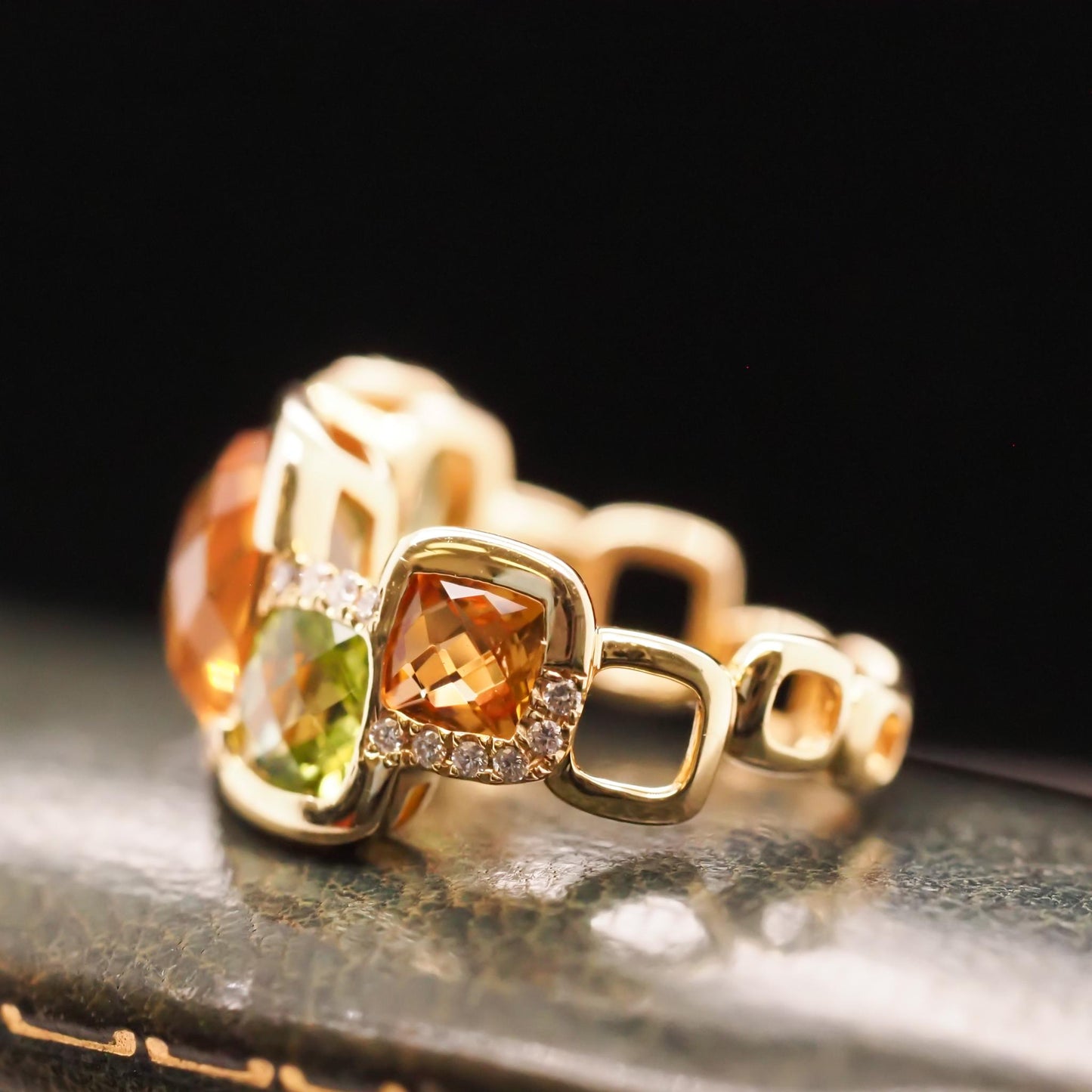 14K Yellow Gold Diamond, Citrine and Peridot Ring - VHK#665