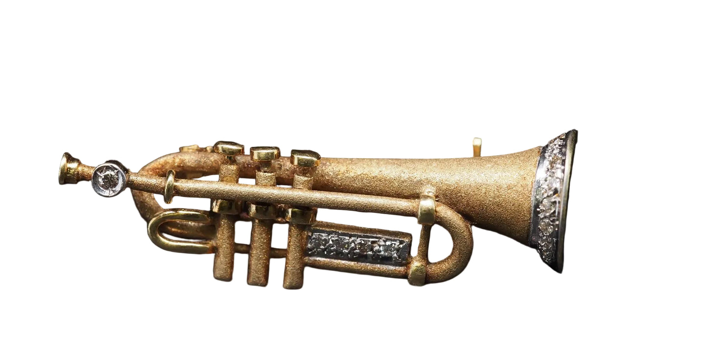 Estate Vintage Trumpet 14K Yellow Gold with diamonds Brooch Pin - VHK#886A