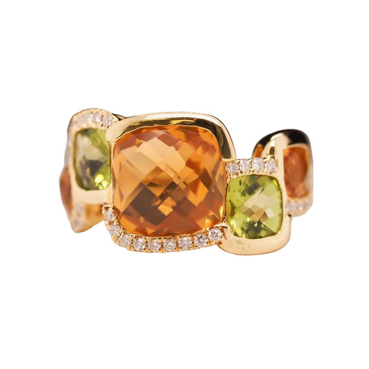14K Yellow Gold Diamond, Citrine and Peridot Ring - VHK#665