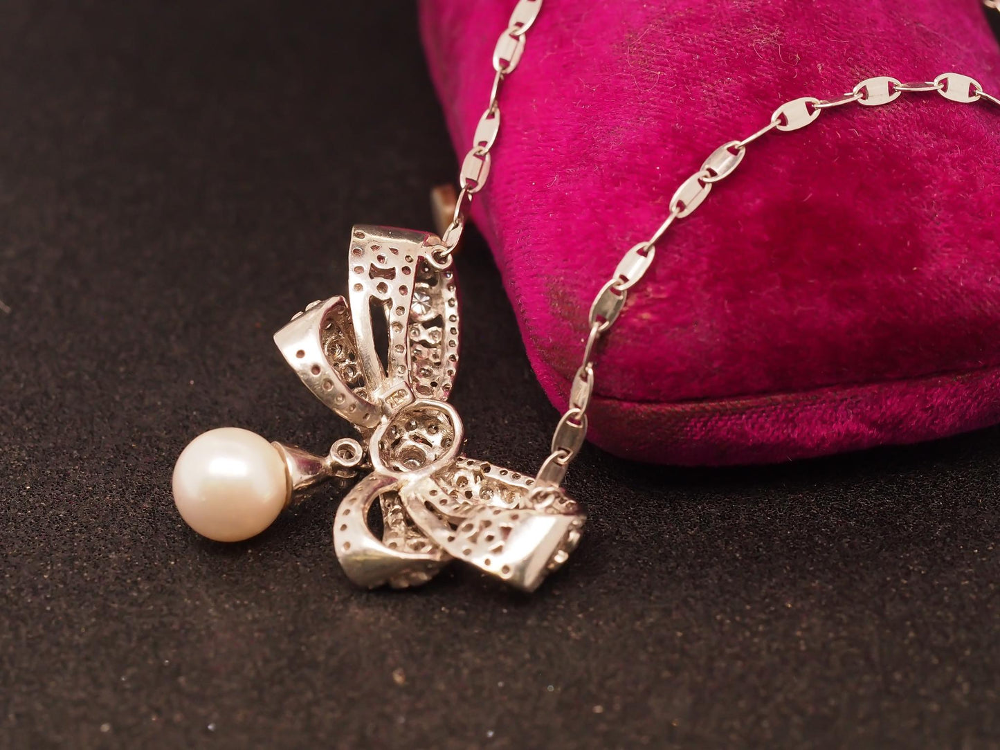 Estate 18K White Gold Diamond and Pearl Ribbon Pendant Necklace - VHK#966A