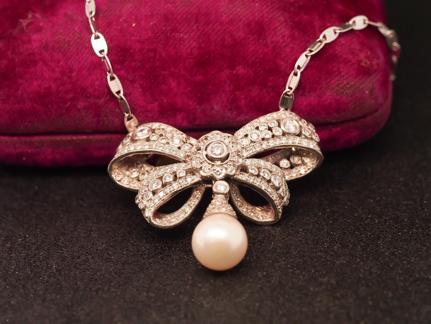 Estate 18K White Gold Diamond and Pearl Ribbon Pendant Necklace - VHK#966A