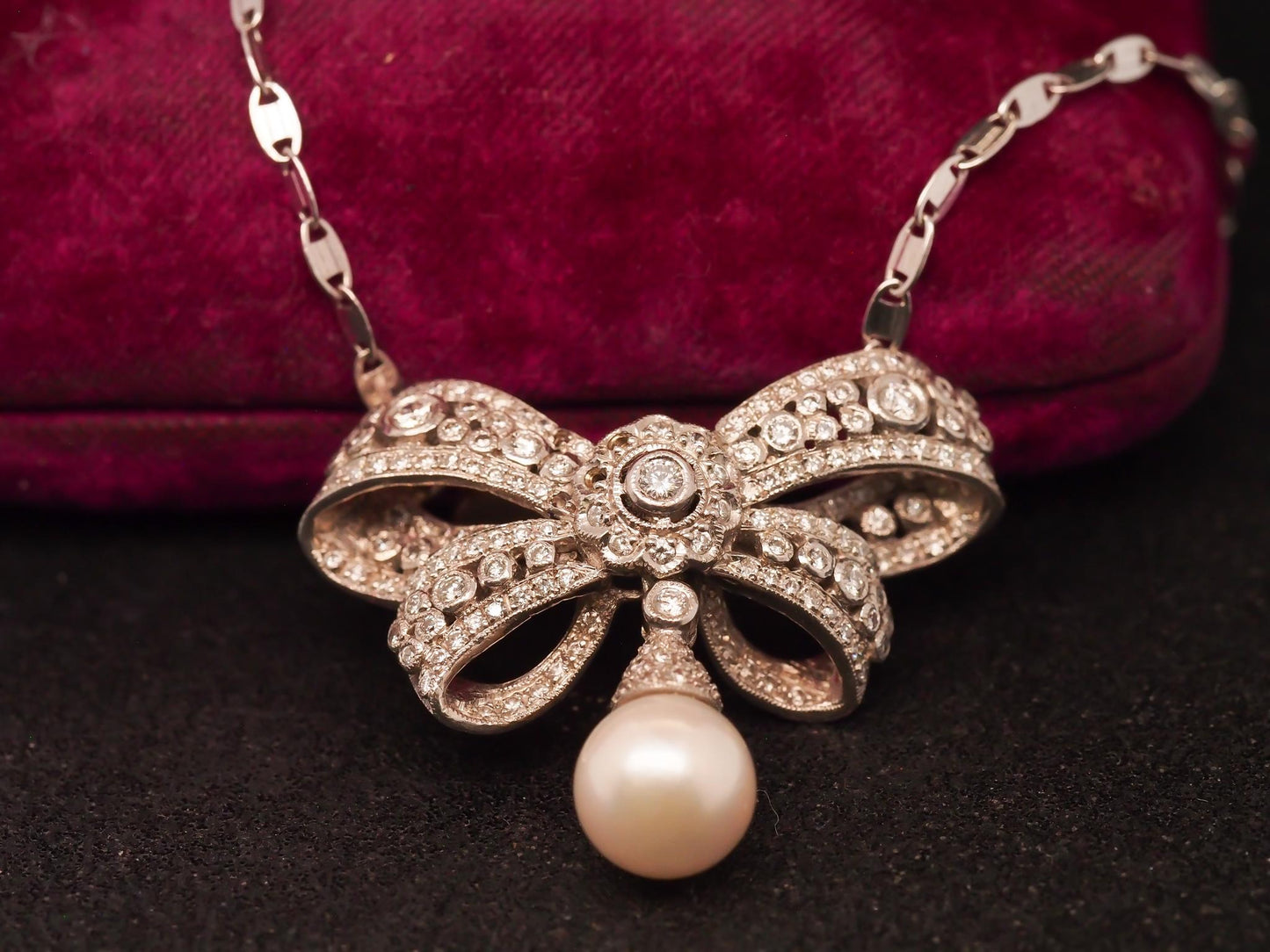 Estate 18K White Gold Diamond and Pearl Ribbon Pendant Necklace - VHK#966A
