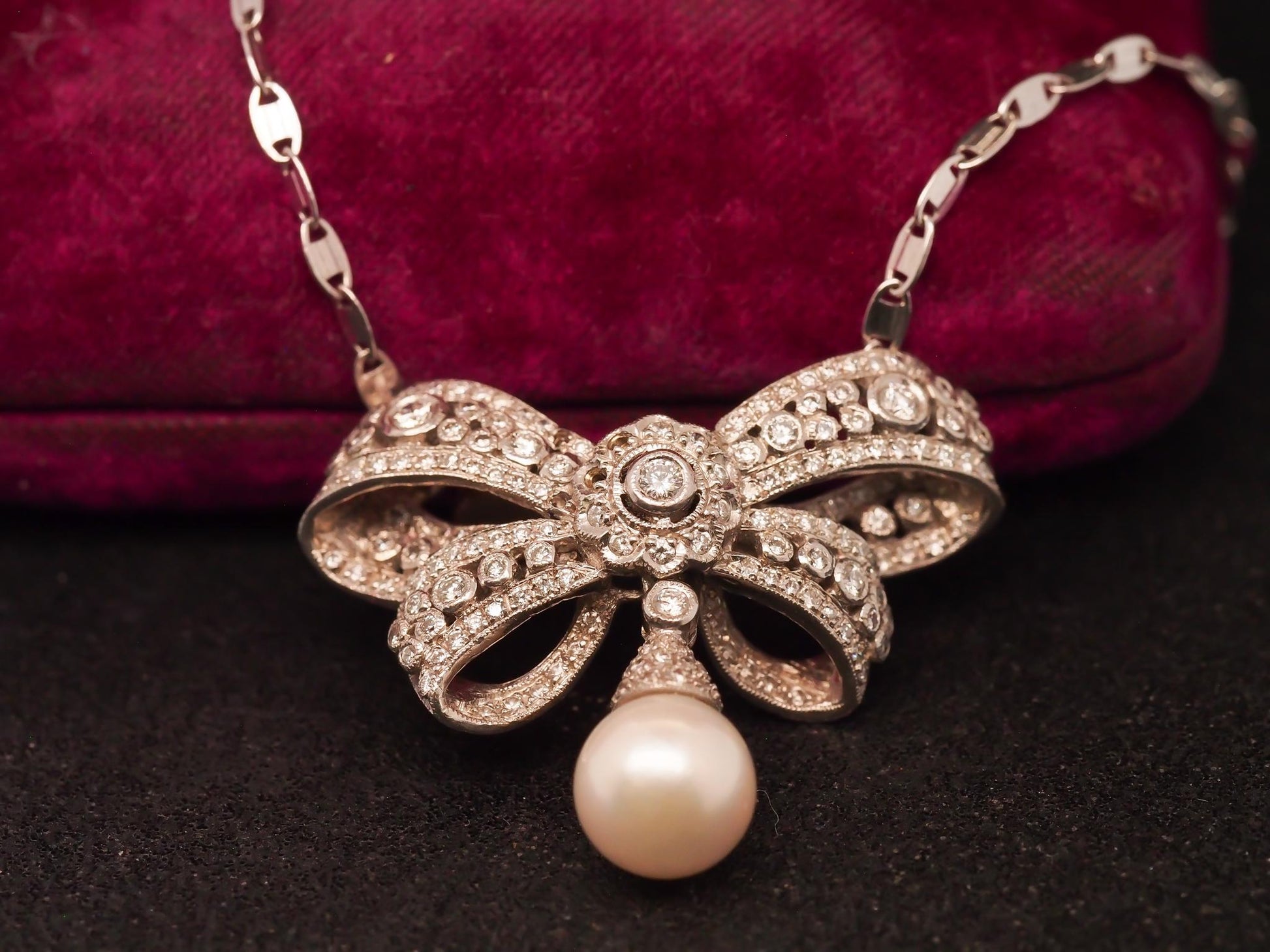 Estate 18K White Gold Diamond and Pearl Ribbon Pendant Necklace - VHK#966A