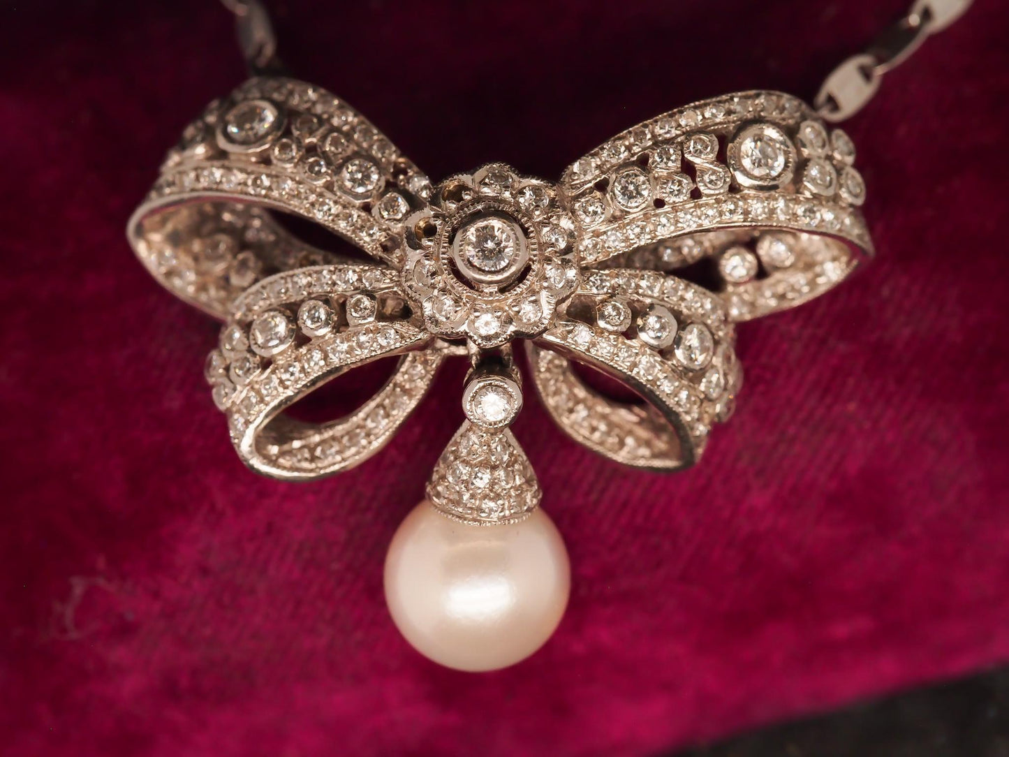 Estate 18K White Gold Diamond and Pearl Ribbon Pendant Necklace - VHK#966A