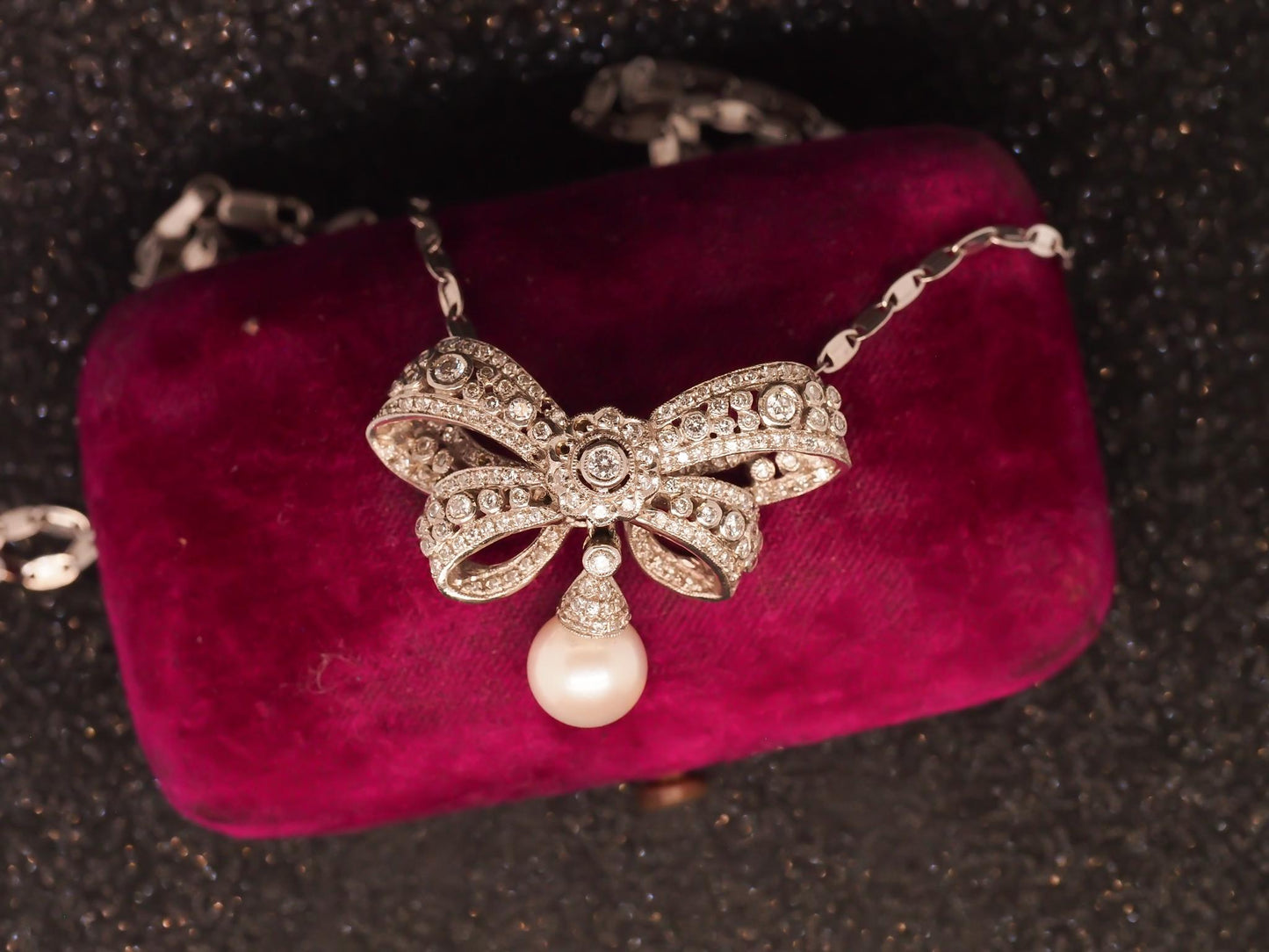 Estate 18K White Gold Diamond and Pearl Ribbon Pendant Necklace - VHK#966A