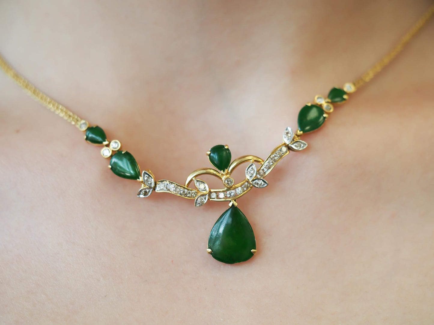 Estate 18K Yellow Gold Italian Made Diamond and Jade Necklace - VHK#923A