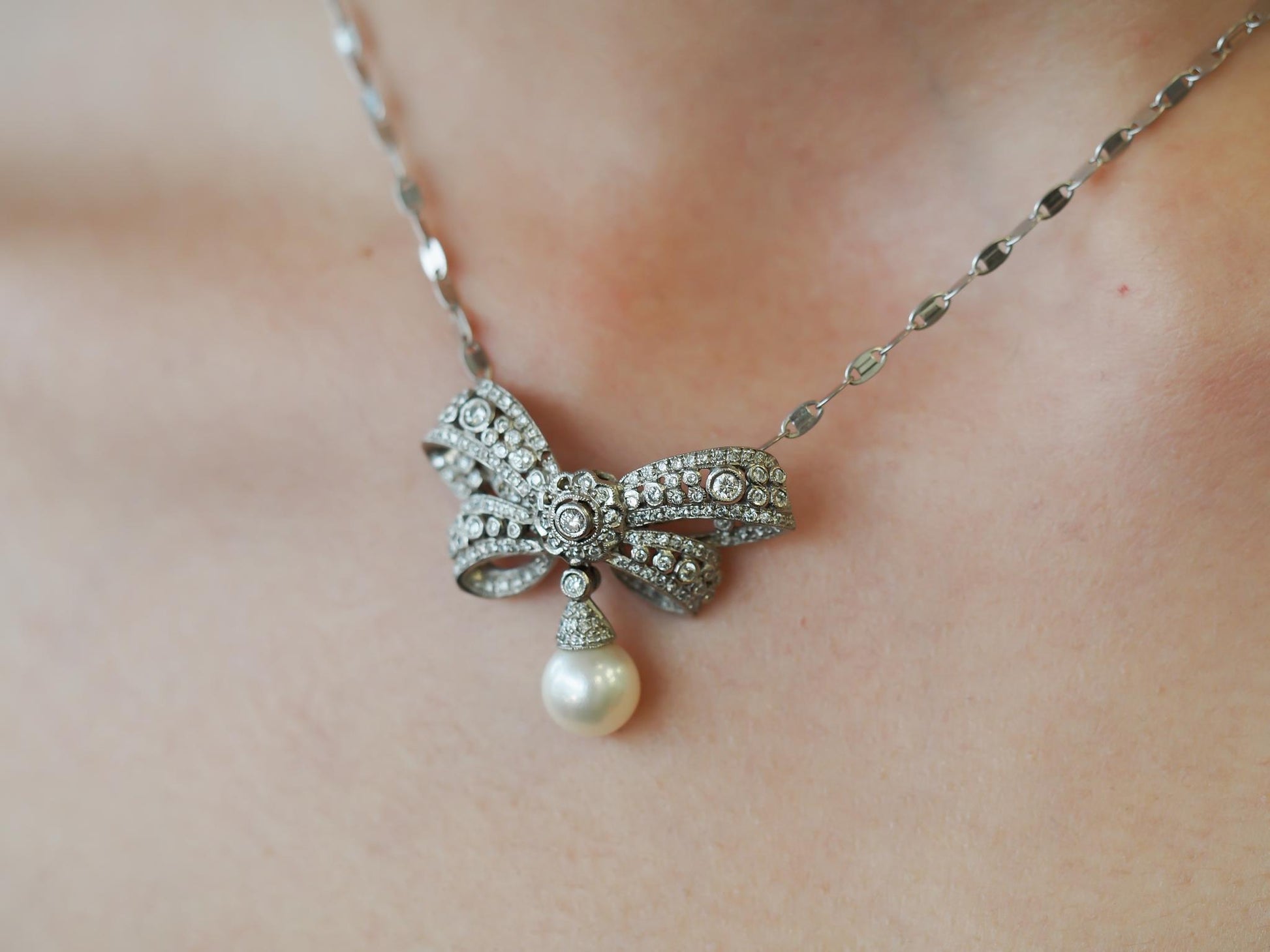 Estate 18K White Gold Diamond and Pearl Ribbon Pendant Necklace - VHK#966A