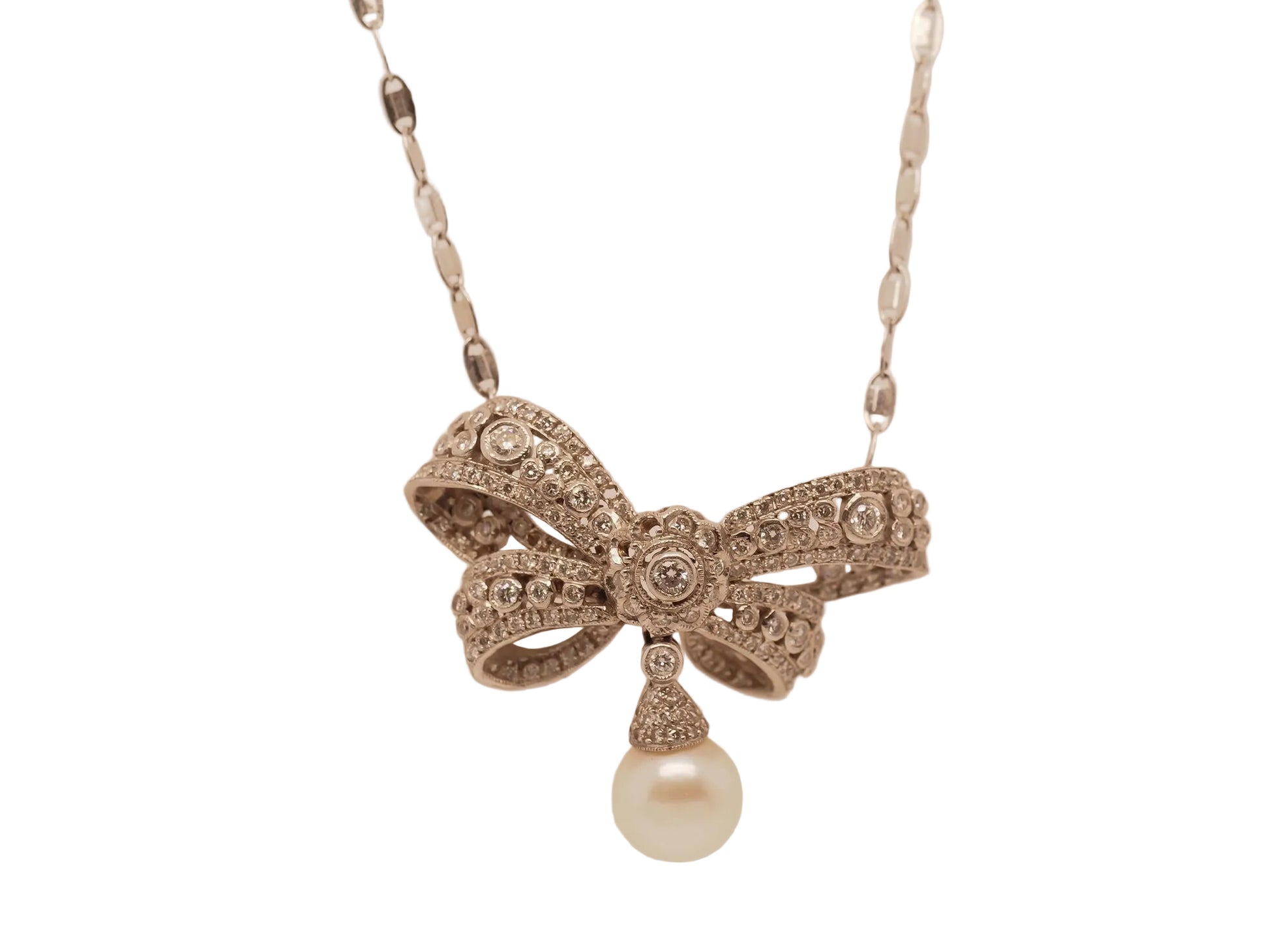 Estate 18K White Gold Diamond and Pearl Ribbon Pendant Necklace - VHK#966A