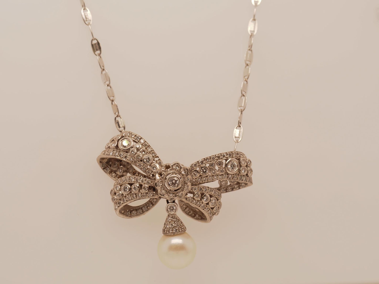 Estate 18K White Gold Diamond and Pearl Ribbon Pendant Necklace - VHK#966A