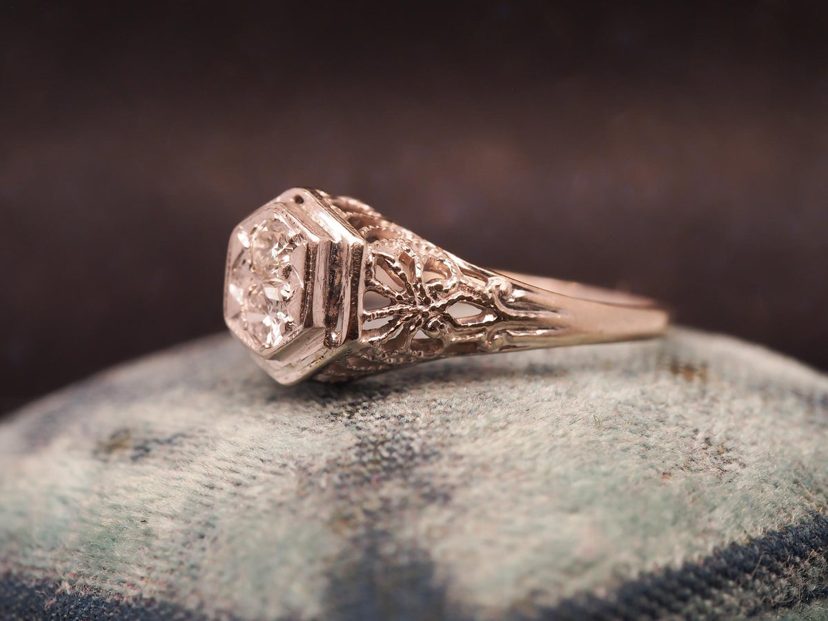 Estate Art Deco 12K White Gold Double Diamond Ring - VHK#1009