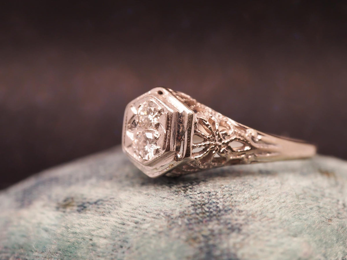 Estate Art Deco 12K White Gold Double Diamond Ring - VHK#1009