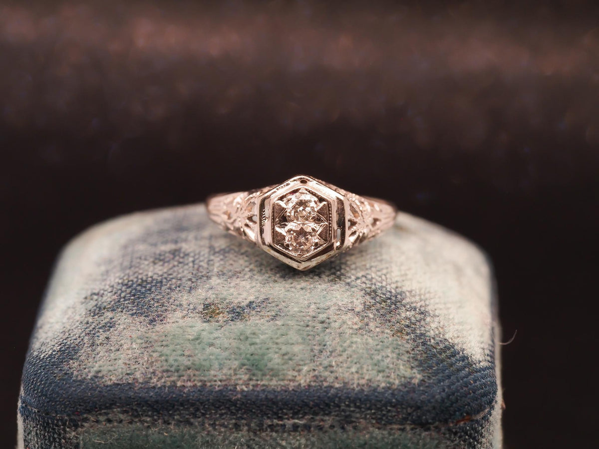 Estate Art Deco 12K White Gold Double Diamond Ring - VHK#1009