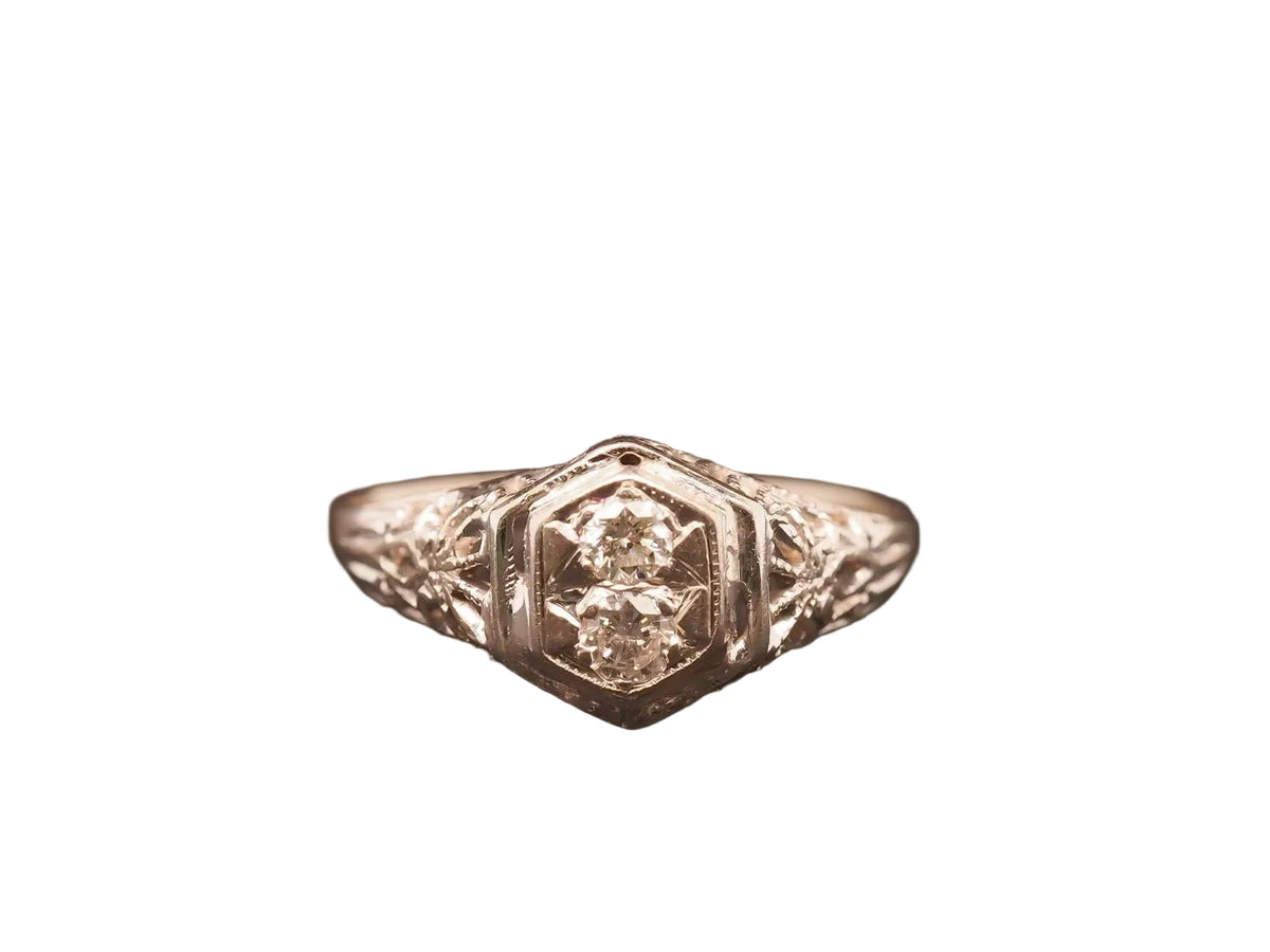 Estate Art Deco 12K White Gold Double Diamond Ring - VHK#1009